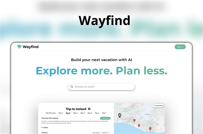 Wayfind Thumbnail, showing the homepage and logo of the tool