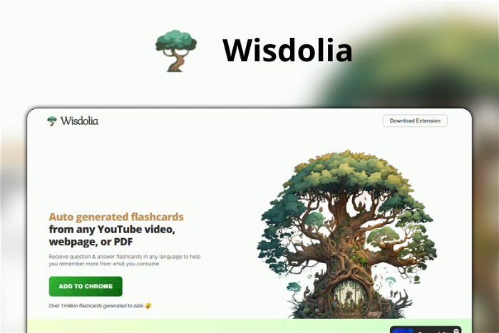 Wisdolia Thumbnail, showing the homepage and logo of the tool