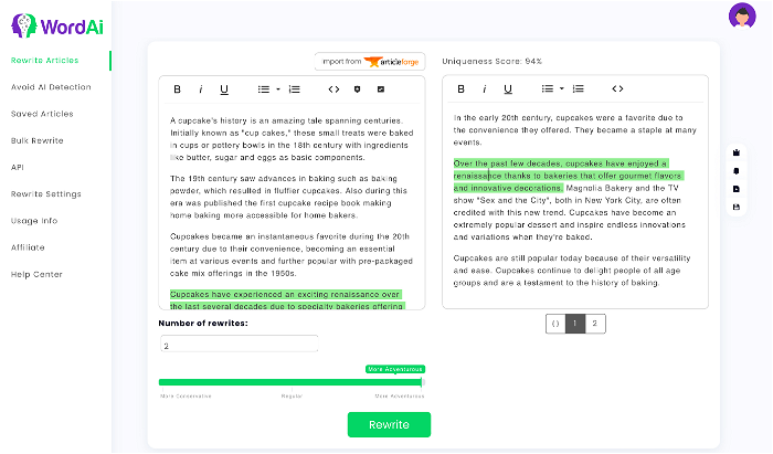The Rewrite Articles tool lets you easily track the AI changes.