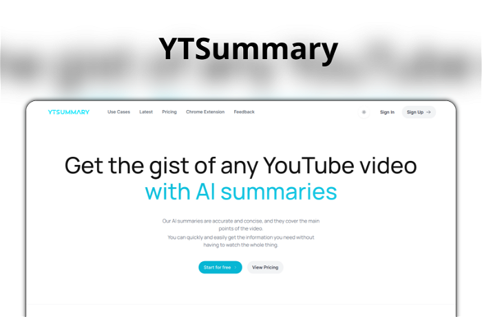 YTSummary Thumbnail, showing the homepage and logo of the tool