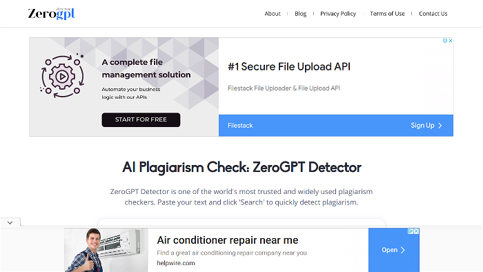 screenshot of ZeroGPT Detector's website