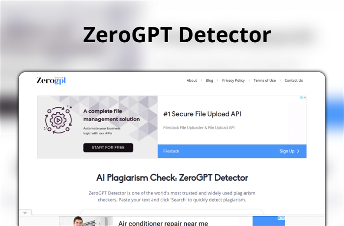 ZeroGPT Detector Thumbnail, showing the homepage and logo of the tool